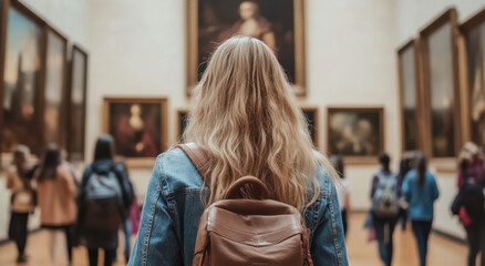 A group of art enthusiasts admires classic paintings displayed in a cultural center. The warm afternoon light creates a cozy atmosphere as they engage with the artwork.