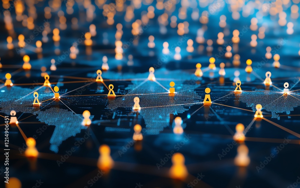 Poster 3d rendering of digital graphic user icons connected by lines on a dotted world map globe, represent