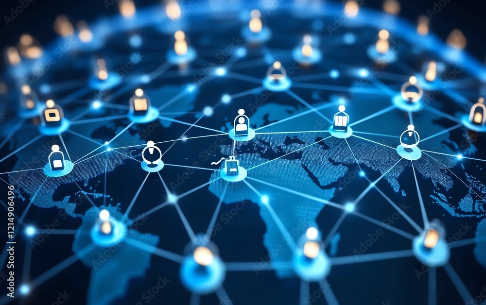 Poster 3d rendering of digital graphic user icons connected by lines on a dotted world map globe, represent