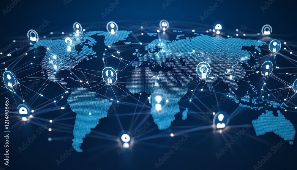 Poster 3d rendering of digital graphic user icons connected by lines on a dotted world map globe, represent