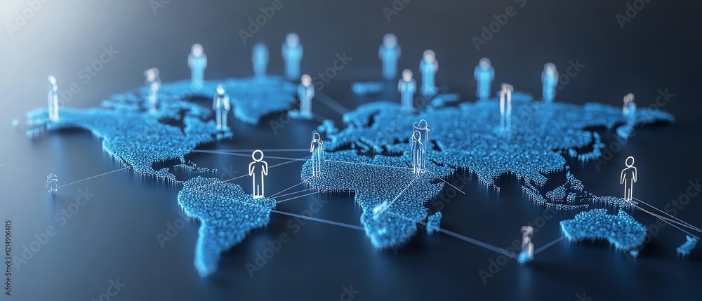 Poster 3d rendering of digital graphic user icons connected by lines on a dotted world map globe, represent