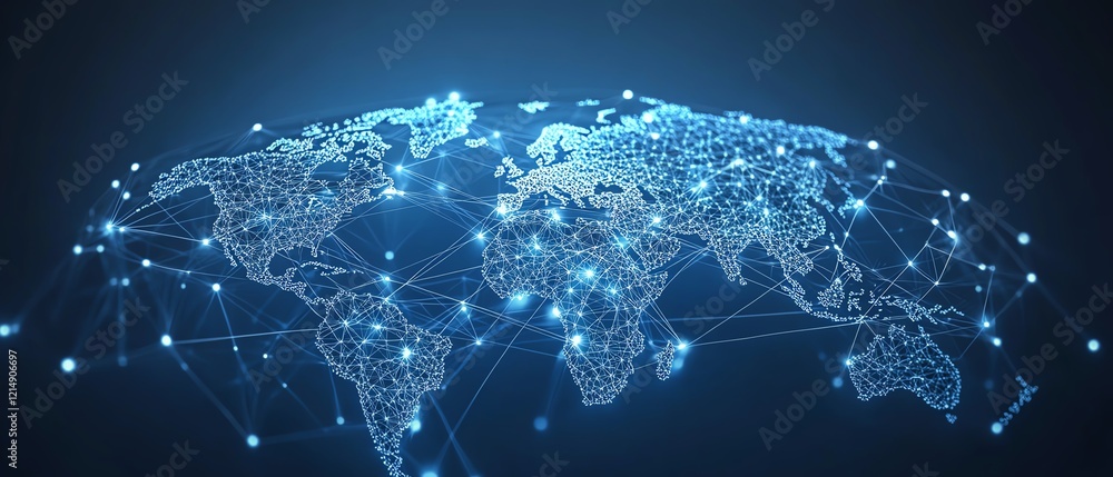 Fototapete 3D rendering of digital graphic user icons connected by lines on a dotted world map globe, representing personal data and people connection concept on abstract dark blue background