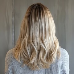 Naklejka premium A woman with long, wavy, blonde hair is seen from the back, showcasing a stylish, layered hairstyle against a neutral background.