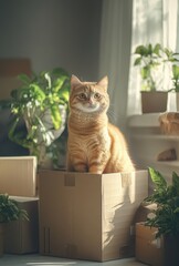 Adorable ginger cat sitting atop a cardboard box surrounded by lush green plants in a bright and cozy indoor setting, capturing the essence of comfort and charm in home decor.