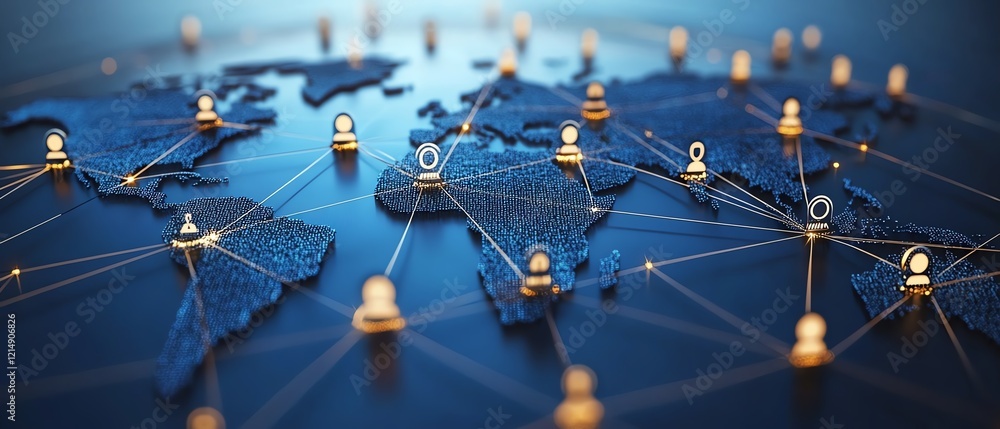 Poster 3d rendering of digital user icons connected by lines on a world map globe, illustrating personal da