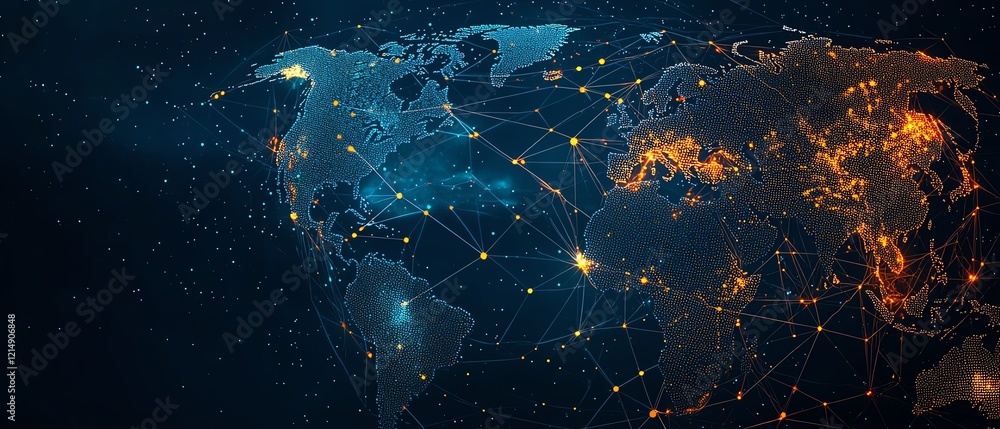 Poster 3d rendering of digital user icons linked by lines across a dotted world map globe, representing glo