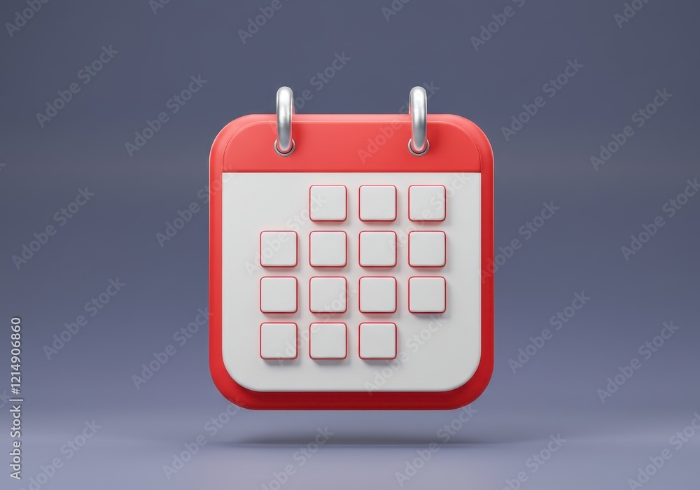 Poster a minimalist 3d design of a red and white calendar icon with a grid of square date boxes