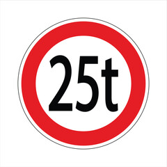 Regulatory road sign indicating a weight limit for vehicles, prohibiting passage for those exceeding 25 tons
