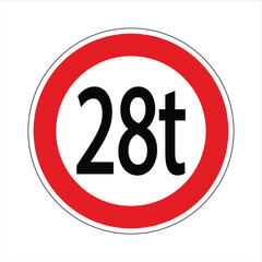 Regulatory road sign indicating a weight limit restriction for vehicles over 28 tons