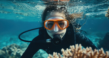 A young woman wearing an orange mask and snorkel swims through a colorful coral reef. Sunlight filters down, illuminating diverse marine life and corals, creating a serene underwater environment.