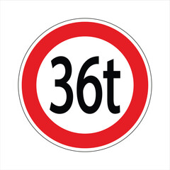 Regulatory road sign indicating a weight limit restriction, prohibiting vehicles weighing 36 tons or more from passing
