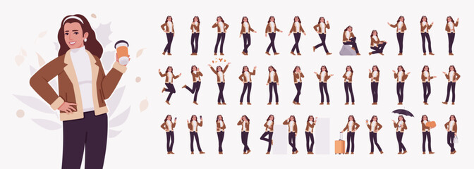 Woman wearing nice shearling warm coat jacket character set. Cold winter comfort, autumn day attractive lady, stylish flared pants, boots for city daily life bundle, female model. Vector illustration