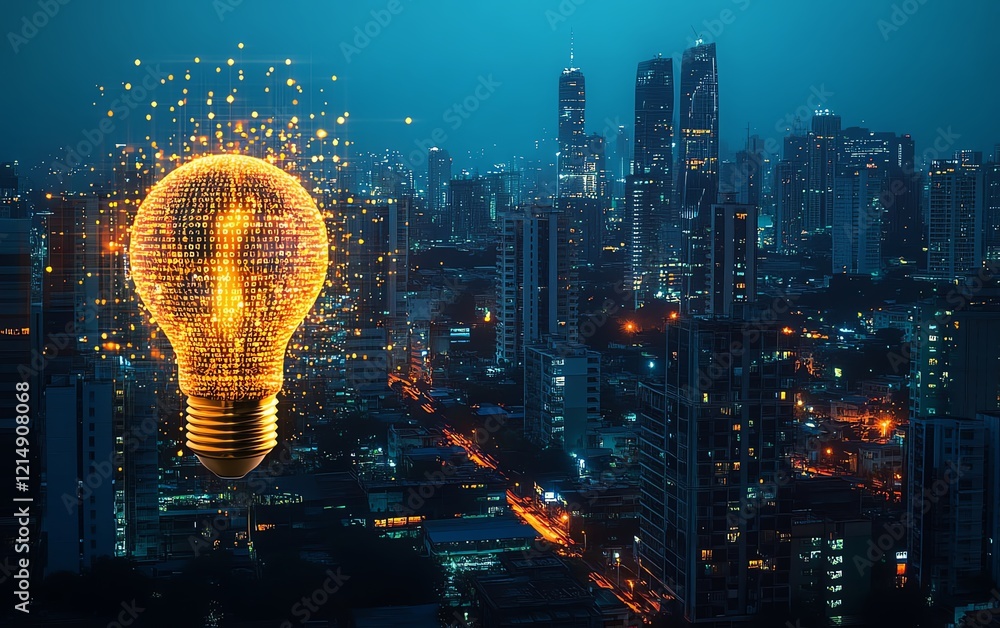 Poster city skyline at night with lightbulb concept overlayed, featuring flowing binary code and light drop