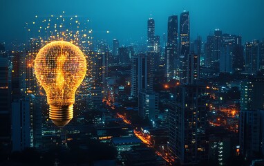 City skyline at night with lightbulb concept overlayed, featuring flowing binary code and light drops, symbolizing digital ideas and technological progress