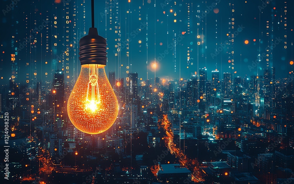 Poster city skyline at night with lightbulb concept overlayed, featuring flowing binary code and light drop