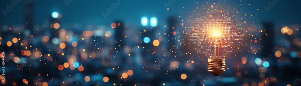 Poster city skyline at night with lightbulb concept overlayed, featuring flowing binary code and light drop