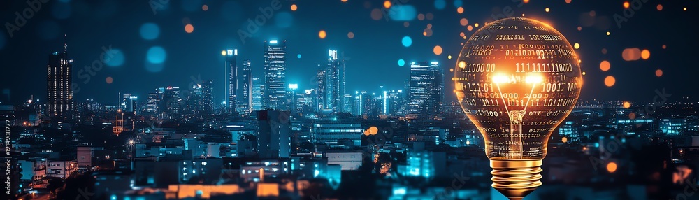 Poster city skyline at night with lightbulb concept overlayed, featuring flowing binary code and light drop