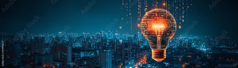 Poster cityscape at night with a glowing lightbulb concept, surrounded by cascading binary code and light d