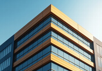 Fototapeta premium A tall building with a wooden trim and a blue sky in the background