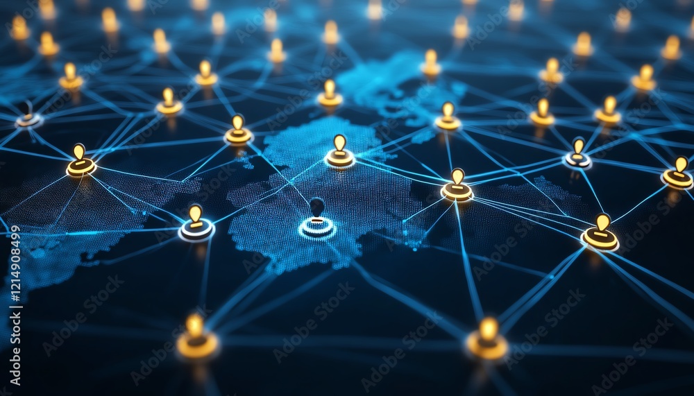 Poster digital user icons connected by lines on a dotted world map globe, representing personal data and gl
