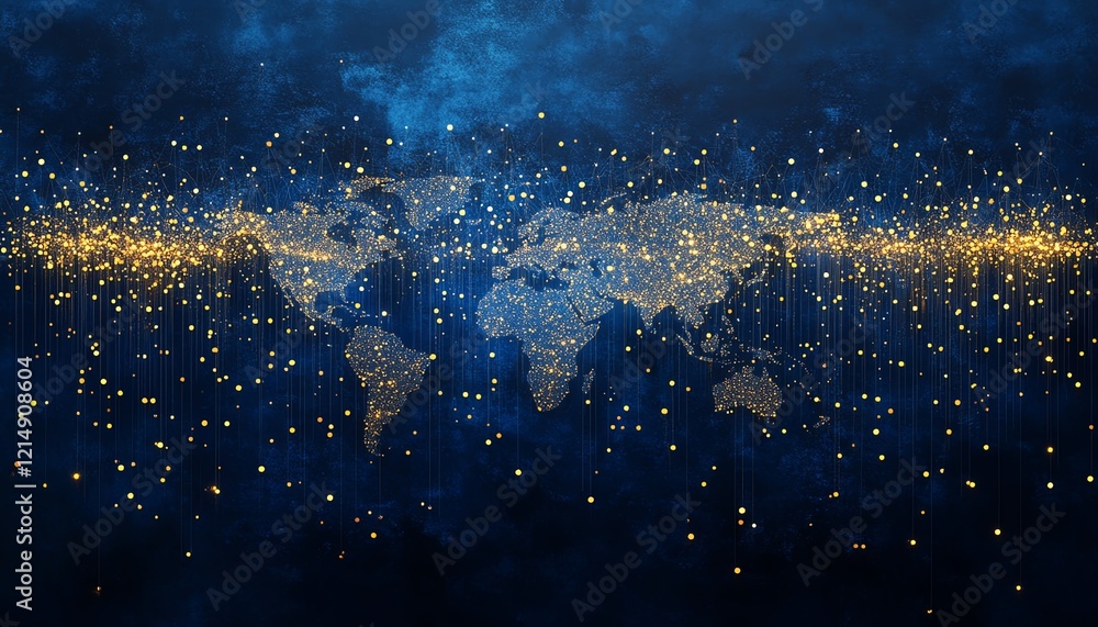 Poster digital user icons connected by lines on a dotted world map globe, representing personal data and gl
