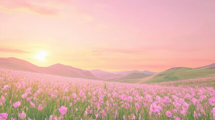 Fototapeta premium Dreamy Sunset Landscape with Huge Pastel Petals in Rolling Fields