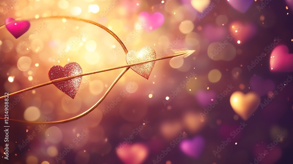 Poster a captivating display of love, featuring golden bow and arrow with shining heart elements in a bokeh