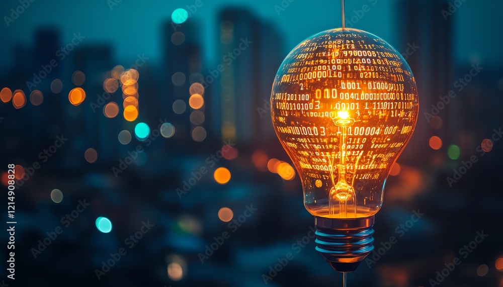 Poster futuristic lightbulb concept overlaying a city skyline at night with glowing binary code and light d