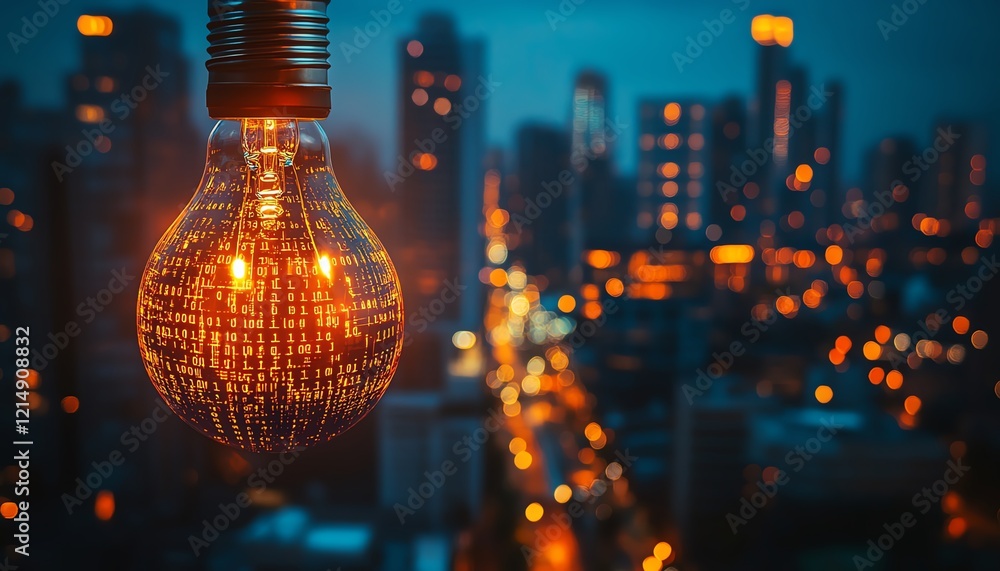 Poster futuristic lightbulb concept overlaying a city skyline at night with glowing binary code and light d