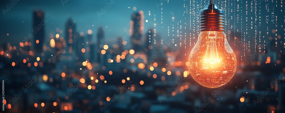 Poster lightbulb concept hovering over a city skyline at night, with binary code flowing and light drops, r