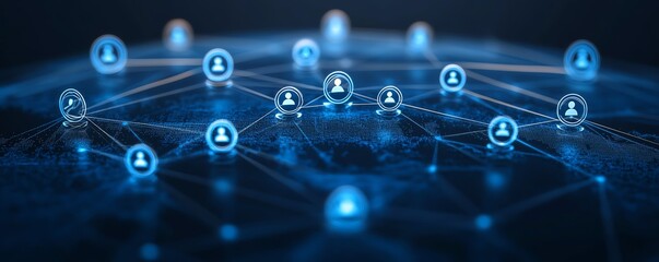 Global personal data connection with user icons linked by lines on a dotted world map globe, 3D rendering on dark blue abstract background, digital connectivity theme