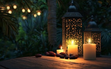 Arabic lanterns with burning candles and dates on the table against a blurred night garden background, Ramadan concept. Space for text stock photo, 2/3 space for copy