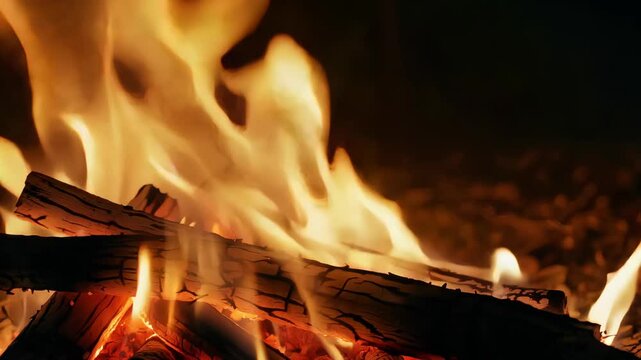 Mesmerizing close-up of dancing flames and flickering firelight