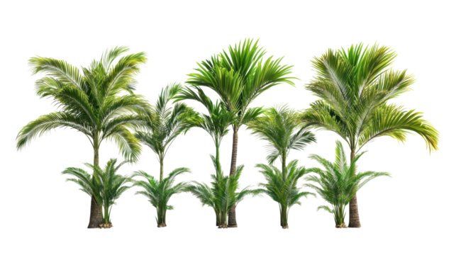 A row of palm trees are lined up on a white background