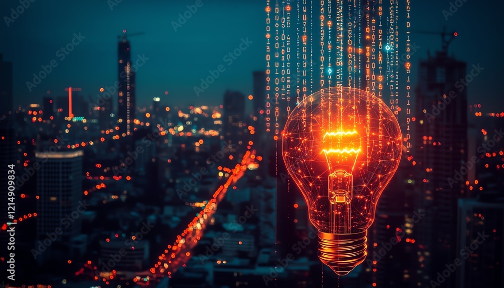 Poster lightbulb symbol overlaying city skyline at night, with cascading binary code and glowing light drop
