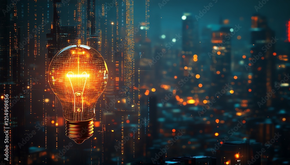 Poster lightbulb symbol overlaying city skyline at night, with cascading binary code and glowing light drop