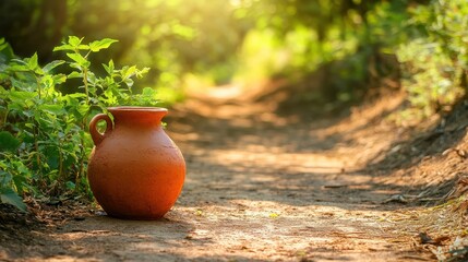 Rustic Pot on a Pathway Surrounded by Nature
