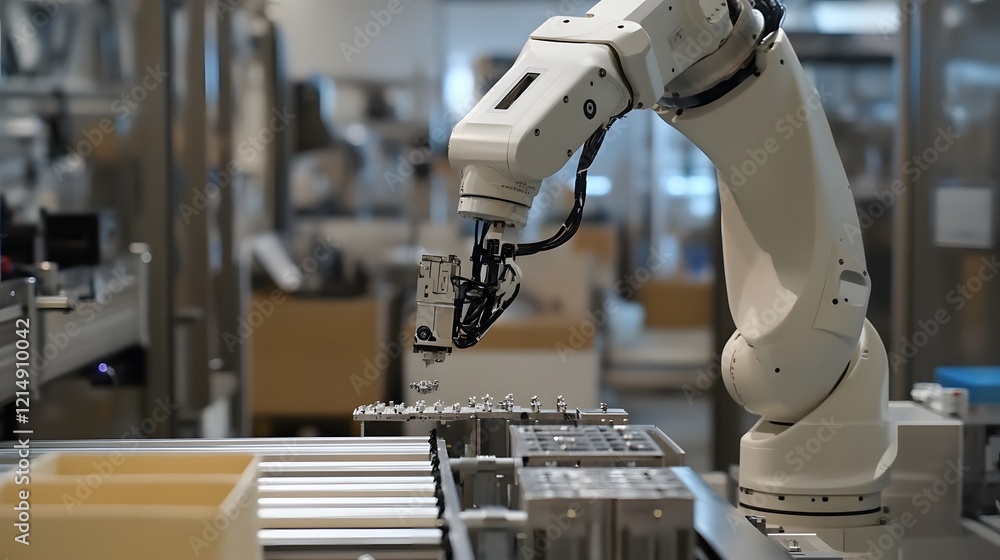Poster robotic arm assembling small components in factory