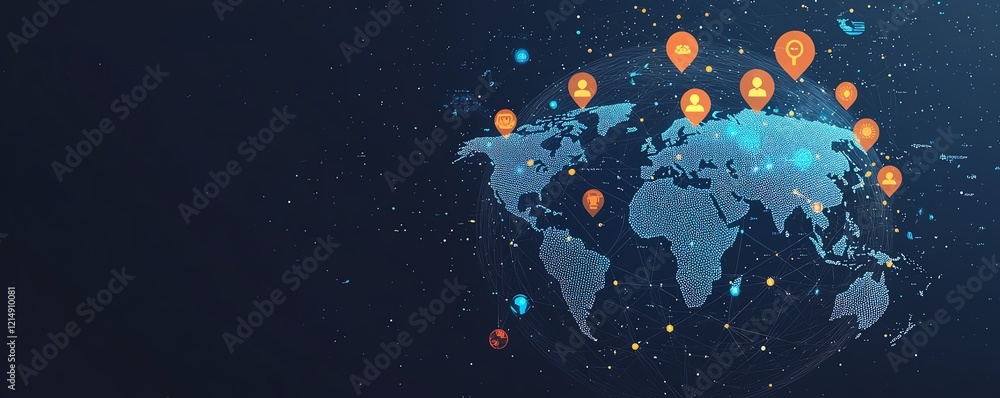 Poster personal data and people connection concept with digital user icons connected by lines on a dotted w