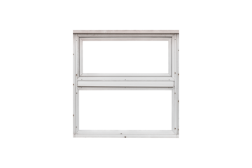 A contemporary, vertically sliding window with a clean, metal frame, is isolated.