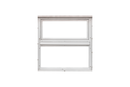 A contemporary, vertically sliding window with a clean, metal frame, is isolated.