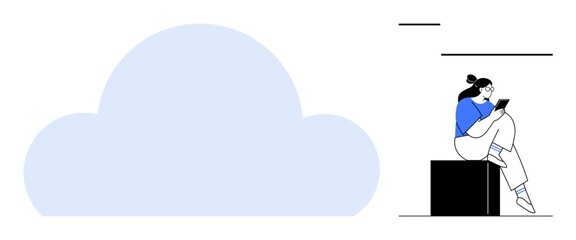 Woman sitting on a box using a tablet next to a large cloud icon. Ideal for technology, digital storage, cloud computing, remote work, online learning, data security, mobile device usage. Line
