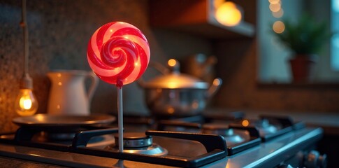 A colorful lollipop on a kitchen stove, adding charm to the culinary atmosphere.