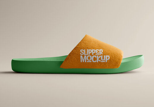Slipper Mockup &ndash; Side View of Colorful Slide Sandal on Neutral Background for Footwear Branding, Summer Fashion Design, or Comfortable Homewear Presentation