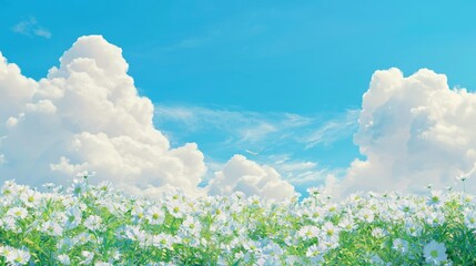 Fototapeta premium Tranquil Oasis: Blue and White Wildflowers in Azure Sky - Serene Nature Scene