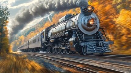 Obraz premium Two Vintage Steam Locomotives Speed Through Autumn Forest