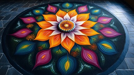 Fototapeta premium Colorful lotus-shaped rangoli design with vibrant hues, symbolizing spirituality and devotion during Vijaya Ekadashi. High quality illustration