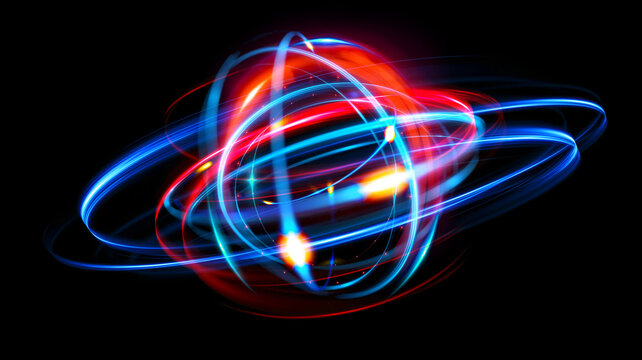 Physical graphic concept of atomic structure. Light ring. Colorful electron particle. .Speed of light. Particle acceleration. Energy particle physics..Energy ball. Science technology. Bright sphere.
