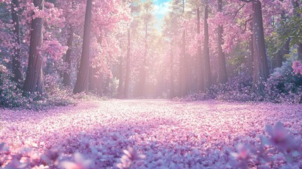 Enchanted Spring Forest: Blooming Meadow Surrounded by Majestic Conifers in Cinematic View