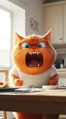 Angry cat reaction at breakfast table home kitchen animated character bright setting close-up humorous concept